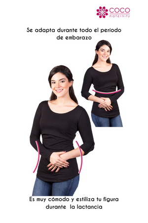 Blusa para lactancia y embarazo manga larga con botón Color Negra (Algodón)