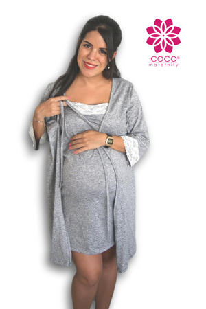 Set bata camisón para lactancia y embarazo color Gris Jaspe Coco Maternity