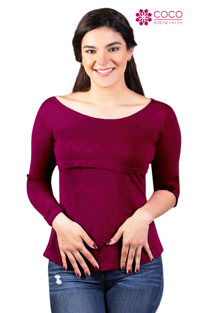 Blusa para lactancia y embarazo  manga larga con botón Color Vino (Algodón)