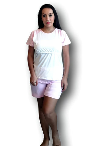 Conjunto de pijama Short rosa y blanco (blushed) Coco Maternity