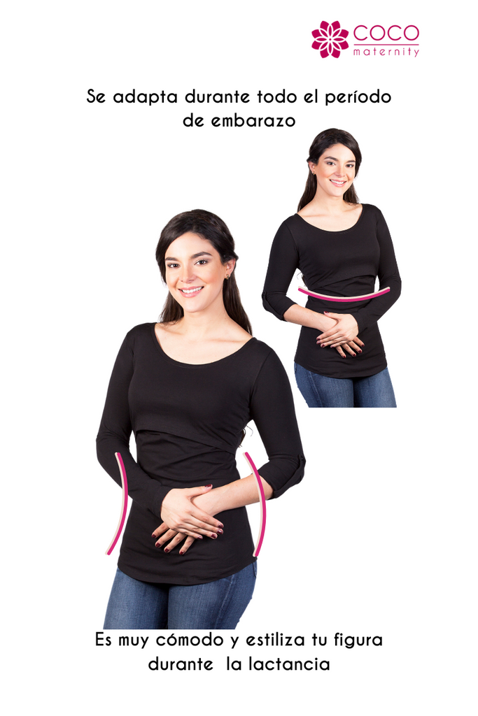 Blusa para lactancia y embarazo manga larga con botón Color Negra (Algodón)