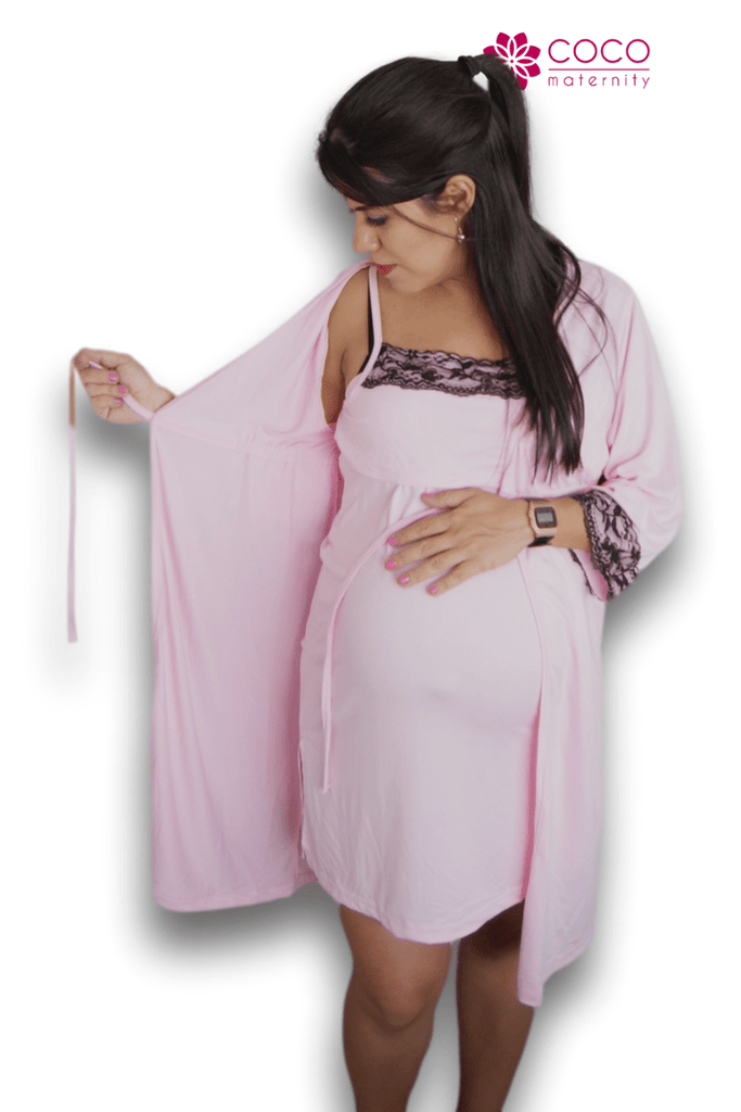 Set bata camisón para lactancia y embarazo color Rosa baby encaje negr –  Acurrúcate.com