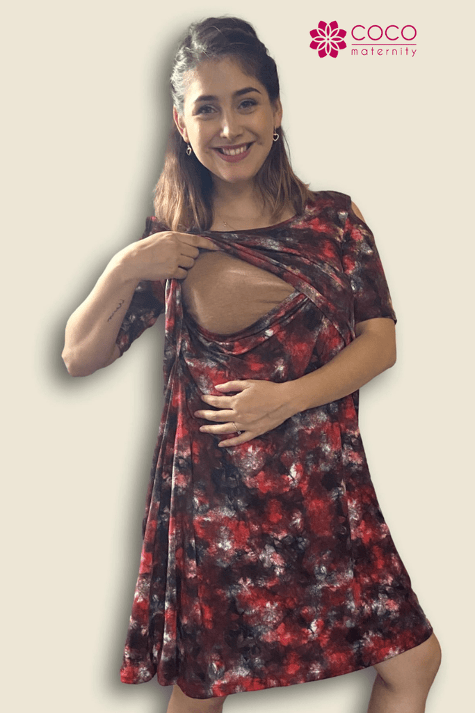 Vestido lactancia hombro descubierto manga corta tiedye rojo Coco Maternity