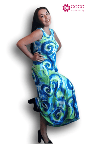 Imagen de Vestido para embarazo y lactancia tirante ancho Maxi tie dye Azul/verde Coco Maternity