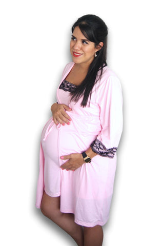 Imagen de Set bata camisón para lactancia y embarazo color Rosa baby encaje negro Coco Maternity
